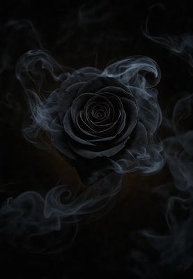 The primary subject of the image is a black rose, which is the main object, scene, or focus of the image. The setting/background features a dark, smoky environment, which adds to the overall atmosphere of the image. The visual style of the image is a photo, capturing the details of the black rose in a realistic manner. The colors and mood of the image are predominantly dark and moody, with the black rose being the main source of contrast and visual interest.