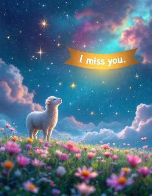Primary subject: A sheep standing in a field of flowers.

Setting/background: The sheep is standing in a field of flowers, with a night sky in the background.

Visual style: The image is a digital art or illustration.

Colors and mood: The image has a warm and serene atmosphere, with the colors of the flowers and the night sky creating a sense of tranquility.