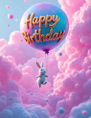 The primary subject of the image is a white bunny rabbit, which is the main focus of the scene. The bunny is sitting on a pink balloon, which is floating in a pink and white cloudy sky. The visual style of the image is digital art, as it appears to be a computer-generated illustration. The colors and mood of the image are predominantly pink and white, creating a cheerful and whimsical atmosphere.