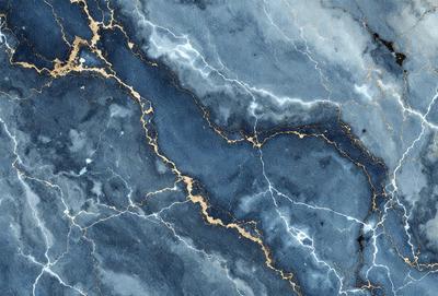 The primary subject of the image is a blue marble wall with gold streaks. The setting is a room with a blue marble floor. The visual style is a close-up of the marble wall, showcasing its unique texture and color. The dominant colors are blue and gold, creating a sense of luxury and elegance.