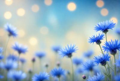 The primary subject of the image is a field of blue flowers, with a blue background. The visual style appears to be a photo, as the flowers are depicted in a natural setting. The colors and mood of the image are predominantly blue, creating a serene and calming atmosphere.