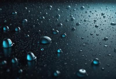 The primary subject of the image is a close-up of raindrops on a dark surface. The setting is a black background, which contrasts with the raindrops, making them stand out. The visual style is a photo, capturing the raindrops in their natural environment. The colors and mood of the image are predominantly dark, with the raindrops being the main focus and source of light.