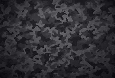 The primary subject of the image is a camouflage pattern, which is the main object, scene, or focus of the image. The setting or background is a black surface, which contrasts with the camouflage pattern. The visual style of the image is a digital art or illustration, as it is a pattern or texture created using digital tools. The dominant colors in the image are black and various shades of gray, which contribute to the overall atmosphere of the image.
