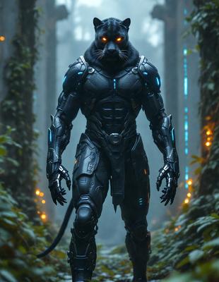The primary subject of the image is a character, possibly a cat or a robot, wearing a futuristic suit and standing in a forest. The setting is a forest with trees and plants surrounding the character. The visual style of the image is digital art, as it appears to be a computer-generated or digitally rendered scene. The colors and mood of the image are dark and mysterious, with the character's suit and the forest's surroundings creating a sense of intrigue and wonder.