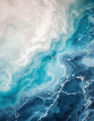 The primary subject of the image is a blue and white ocean scene. The setting is a large body of water with waves and ripples, creating a serene and calming atmosphere. The visual style is a combination of photo and digital art, as it captures the beauty of the ocean while also showcasing the artist's creativity. The dominant colors are blue and white, which evoke a sense of tranquility and relaxation.