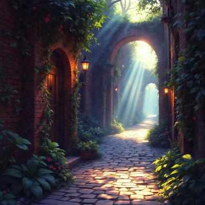 The primary subject of the image is a stone pathway with a brick floor, surrounded by a lush green garden. The setting is a beautiful garden with a stone archway and a brick wall. The visual style of the image is a digital art, creating a serene and peaceful atmosphere. The colors and mood of the image are predominantly green, with the brick and stone elements adding a warm and earthy tone.