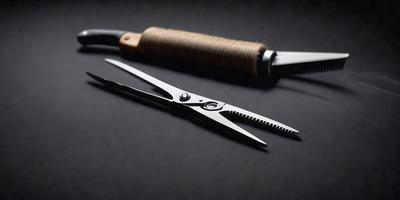 The primary subject of the image is a pair of scissors. The scissors are placed on a black surface, which serves as the setting or background. The visual style of the image is a photo, capturing the details of the scissors and their surroundings. The colors in the image are predominantly black, giving the scene a dark and moody atmosphere.