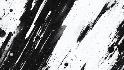 The primary subject of the image is a black and white painting of a white background with black and white splatters. The setting is a canvas, and the visual style is a painting. The colors and mood of the painting are predominantly black and white, creating a dramatic and artistic atmosphere.