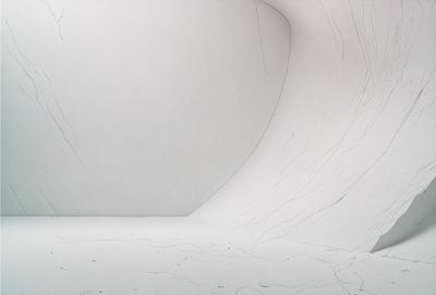 The primary subject of the image is a white wall with a large, curved opening. The setting is a room with a white background, and the visual style appears to be a combination of digital art and illustration. The colors and mood of the image are predominantly white, creating a clean and minimalist atmosphere.