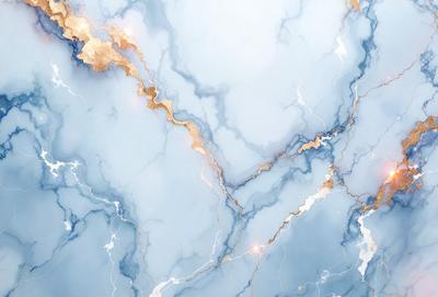 The primary subject of the image is a blue and white marble wall with gold accents. The setting is a room with a blue and white marble floor. The visual style is a combination of digital art and illustration, creating a unique and artistic design. The dominant colors are blue, white, and gold, giving the space a luxurious and elegant atmosphere.