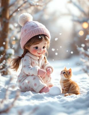 The primary subject of the image is a little girl sitting in the snow, wearing a pink hat and a white and pink outfit. She is smiling and looking at a small orange and white cat that is sitting in front of her. The setting is a snowy environment, and the visual style appears to be a digital art or illustration. The colors in the image are predominantly white and pink, creating a warm and cozy atmosphere.