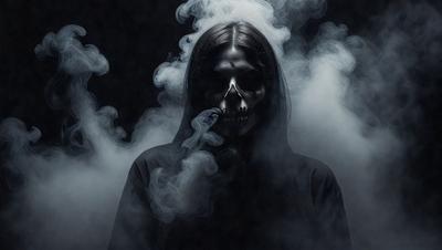 The primary subject of the image is a woman with a skeleton face, standing in a dark and foggy environment. The setting appears to be a hazy, smoky area, possibly a forest or a graveyard. The visual style of the image is a combination of a photo and digital art, creating a unique and eerie atmosphere. The dominant colors in the image are dark shades, such as black, gray, and brown, which contribute to the overall mood of the scene.