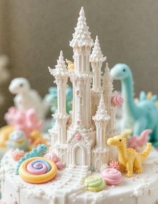 The primary subject of the image is a white castle cake, which is the main object, scene, or focus of the image. The cake is placed on a table, and it is surrounded by various candy decorations, including a gummy bear, a candy lion, and a candy dragon. The setting is indoors, with the cake being the center of attention. The visual style of the image is a combination of photo and digital art, creating a unique and creative presentation. The colors and m