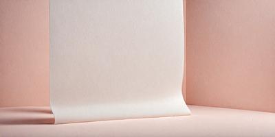 The primary subject of the image is a large sheet of white paper. The setting is a pink background, which creates a contrast with the white paper. The visual style is a photo, capturing the paper in its natural state. The colors and mood of the image are predominantly pink and white, giving it a clean and elegant appearance.