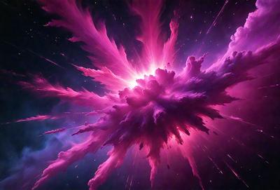 The primary subject of the image is a large, pink, swirling mass of energy, possibly a nebula or a galaxy. The setting is a dark, starry sky, with the swirling mass of energy as the main focus. The visual style is a combination of digital art and illustration, creating a vibrant and dynamic scene. The colors and mood of the image are predominantly pink, which gives it a warm and energetic atmosphere.