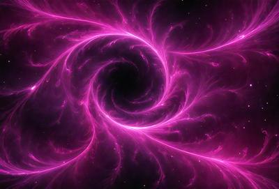 The primary subject of the image is a large, pink, spiral-shaped structure, which appears to be a swirling vortex. The setting is a dark, starry background, creating a contrast between the bright pink spiral and the surrounding darkness. The visual style is a combination of digital art and illustration, giving the image a unique and captivating appearance. The dominant colors are pink and purple, creating a sense of depth and intrigue.