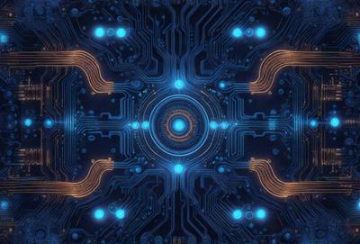 The primary subject of the image is a complex, intricate, and futuristic design featuring a large blue circle with a smaller blue circle in the center. The setting is a dark background, which contrasts with the bright blue colors of the design. The visual style appears to be a combination of digital art and illustration, creating a unique and captivating image. The colors and mood convey a sense of mystery, innovation, and technological advancement.