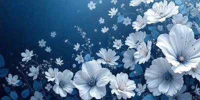 The primary subject of the image is a beautiful blue background with a field of white flowers. The flowers are scattered throughout the scene, creating a sense of depth and dimension. The visual style of the image is a combination of digital art and illustration, giving it a unique and artistic appearance. The colors in the image are predominantly white and blue, creating a serene and calming atmosphere.