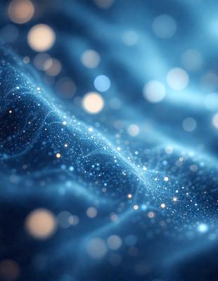 The primary subject of the image is a blue fabric with a pattern of white stars. The setting is a dark background, which contrasts with the bright blue fabric and the white stars. The visual style is a close-up of the fabric, showcasing the intricate pattern of the stars. The colors and mood of the image are predominantly blue and white, creating a serene and calming atmosphere.