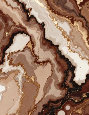 The primary subject of the image is a close-up of a marble rock with gold accents. The setting is a rocky surface, and the visual style appears to be a combination of a photo and digital art. The dominant colors are brown and gold, creating a warm and natural atmosphere.