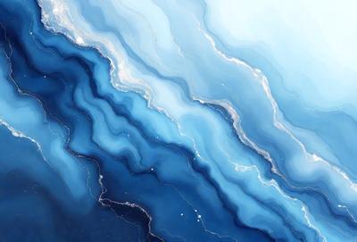 The primary subject of the image is a blue and white ocean wave. The setting is the ocean, with the wave crashing against the surface. The visual style is a digital art or illustration, creating a dynamic and vibrant scene. The dominant colors are blue and white, giving the image a calming and serene atmosphere.