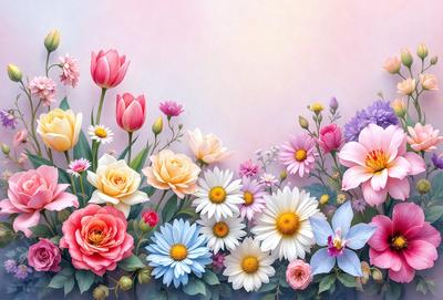 The primary subject of the image is a beautiful bouquet of colorful flowers. The flowers are arranged in a vibrant and lively manner, creating a sense of joy and freshness. The setting is a white background, which provides a clean and uncluttered environment for the flowers to stand out. The visual style of the image is a combination of photo and digital art, resulting in a high-quality and detailed representation of the flowers. The colors and mood of the image are predominantly bright and cheerful, with the