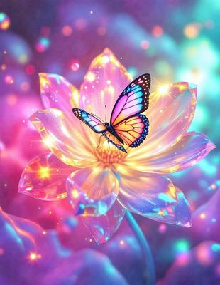 The primary subject of the image is a butterfly perched on a flower. The setting is a vibrant, colorful environment with a purple background. The visual style is a combination of photo and digital art, creating a unique and eye-catching scene. The dominant colors are purple and pink, giving the image a warm and inviting atmosphere.