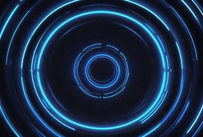 The primary subject of the image is a blue circle with a glowing, neon-like appearance. The setting is a dark background, which contrasts with the bright blue circle. The visual style is a combination of a photo and digital art, creating a unique and eye-catching effect. The colors and mood of the image are predominantly blue, with a sense of depth and vibrancy.