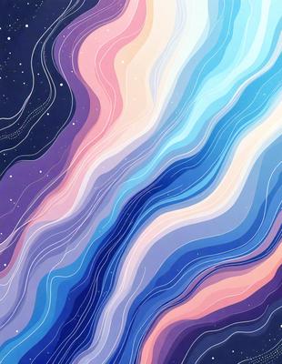 The primary subject of the image is a colorful, abstract artwork featuring a blue, purple, and pink gradient. The setting is a night sky, with stars visible in the background. The visual style is a combination of digital art and illustration, creating a vibrant and dynamic scene. The dominant colors in the artwork are blue, purple, and pink, which contribute to a calming and serene atmosphere.