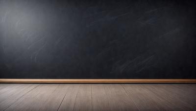 The primary subject of the image is a black chalkboard with white chalk on it. The setting is a room with a wooden floor. The visual style is a photo of the chalkboard, and the colors and mood are predominantly black and white, giving the image a classic and timeless appearance.
