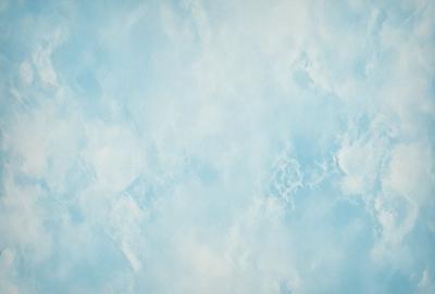 The primary subject of the image is a blue sky with clouds. The setting is a cloudy sky, and the visual style is a painting. The dominant colors are blue and white, creating a calm and serene atmosphere.