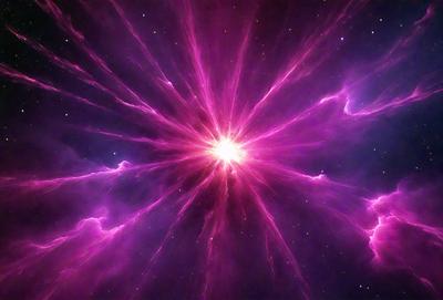 The primary subject of the image is a bright, pink, and purple nebula, which is the main object, scene, or focus of the image. The setting or background features a dark, star-filled sky, creating a contrasting and dramatic backdrop. The visual style of the image is a combination of photo and digital art, as it captures the vibrant colors and intricate patterns of the nebula. The colors and mood of the image are predominantly pink and purple, with