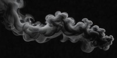 The primary subject of the image is a large, dark, and smoky cloud. The setting is a black background, which emphasizes the cloud's shape and texture. The visual style is a combination of a photo and a digital art, as the cloud appears to be a blend of both. The colors and mood of the image are dark and moody, with the cloud dominating the scene.