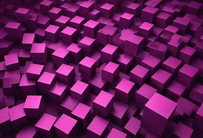 The primary subject of the image is a large, purple, three-dimensional grid of cubes. The setting is a purple background, which creates a visually striking contrast with the cubes. The visual style is a digital art or illustration, as the grid of cubes appears to be a pattern or texture. The dominant colors are purple and pink, giving the image a vibrant and energetic atmosphere.