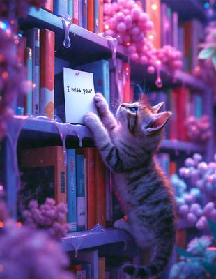 The primary subject of the image is a small kitten standing on a bookshelf, surrounded by books. The setting is a bookshelf filled with various books, creating a cozy and intellectual atmosphere. The visual style is a combination of photo and digital art, as the kitten appears to be a part of a digital illustration. The colors and mood of the image are predominantly purple, creating a calm and serene ambiance.