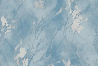 The primary subject of the image is a blue and white patterned wallpaper. The setting is a room with a blue and white color scheme. The visual style is a patterned wallpaper, which gives the room a unique and artistic atmosphere. The dominant colors are blue and white, creating a calm and soothing environment.