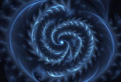 The primary subject of the image is a blue spiral pattern, which appears to be a digital art or illustration. The setting is a dark blue background, creating a contrasting and visually striking scene. The visual style is a combination of digital art and illustration, with the spiral pattern being the main focus. The colors and mood of the image are predominantly blue, giving it a calm and serene atmosphere.