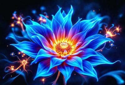 The primary subject of the image is a large, blue, and orange flower with a yellow center. The flower is the focal point of the scene, and it is set against a dark blue background. The visual style of the image is a combination of photo and digital art, creating a vibrant and colorful display. The dominant colors in the image are blue, orange, and yellow, with the blue flower and the orange and yellow center creating a lively and energetic atmosphere.