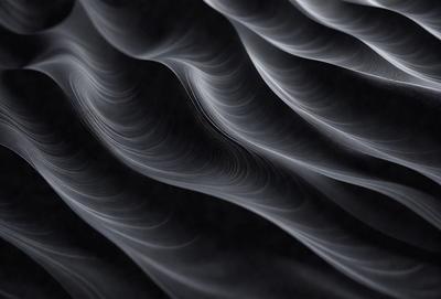 The primary subject of the image is a black and white photograph of a patterned surface. The setting is a dark background, which contrasts with the patterned surface. The visual style is a close-up of the pattern, showcasing its intricate details. The colors and mood of the image are predominantly dark and moody, with the black and white color scheme adding to the dramatic atmosphere.