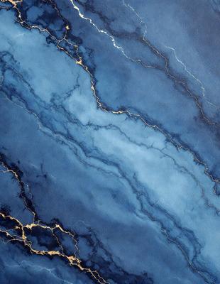The primary subject of the image is a blue and gold painting of a waterfall. The setting is a blue and white marbled surface, which serves as the background. The visual style is a painting, and the colors and mood are predominantly blue and gold, creating a serene and calming atmosphere.