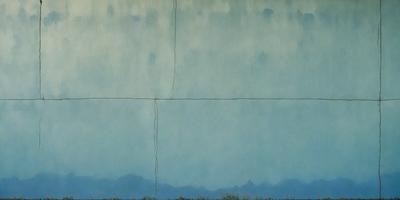 The primary subject of the image is a large blue painting featuring a cross. The setting is a cloudy sky, and the visual style appears to be a painting or drawing. The colors and mood of the painting are predominantly blue, creating a calm and serene atmosphere.