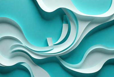 The primary subject of the image is a large, blue, curved wall with a white and blue design. The setting is a room with a blue and white color scheme. The visual style is a combination of digital art and illustration, creating a unique and artistic appearance. The dominant colors are blue and white, giving the room a calm and soothing atmosphere.