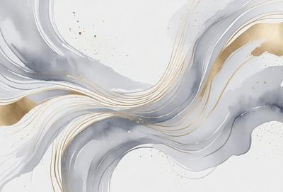 The primary subject of the image is a painting of a wave, featuring a mix of gray, gold, and white colors. The setting is a white background, which provides a clean and minimalist appearance. The visual style is a combination of digital art and illustration, creating a unique and artistic representation of the wave. The dominant colors and overall atmosphere convey a sense of calmness and tranquility, as the wave gently moves across the surface.
