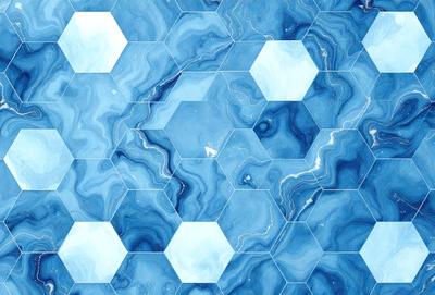 The primary subject of the image is a blue and white hexagonal pattern, which is the main focus of the image. The setting is a blue and white hexagonal tile, which serves as the backdrop for the pattern. The visual style of the image is a close-up of the hexagonal pattern, showcasing the intricate details of the design. The colors and mood of the image are predominantly blue and white, creating a clean and modern atmosphere.