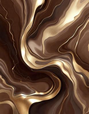The primary subject of the image is a close-up of a brown and gold marbled surface, which appears to be a piece of wood. The setting is a room with a brown and gold marbled wall, creating a warm and luxurious atmosphere. The visual style is a close-up of the marbled surface, showcasing the intricate patterns and textures. The colors and mood of the image are predominantly brown and gold, giving it a rich and elegant appearance.