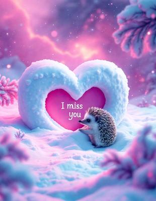 The primary subject of the image is a small hedgehog standing in the snow. The setting is a snowy landscape with a pink background. The visual style is a digital art illustration, featuring a heart-shaped snow bank with the words "I miss you" written on it. The colors and mood of the image are predominantly pink, creating a warm and cozy atmosphere.
