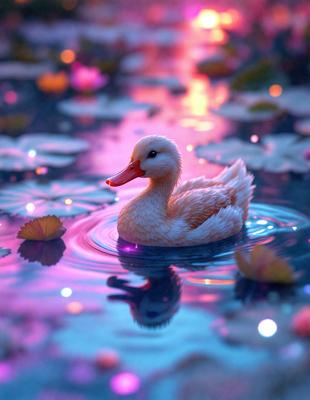 The primary subject of the image is a duck swimming in a body of water, surrounded by a beautiful and serene environment. The duck is floating on the water, and there are flowers and lilypads in the background, adding to the overall beauty of the scene. The visual style of the image is a combination of photo and digital art, creating a realistic yet artistic representation of the duck and its surroundings. The colors and mood of the image are predominantly purple and pink, giving