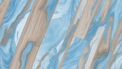 The primary subject of the image is a wooden floor with a blue and white marbled pattern. The setting is a room with a blue and white marbled floor, which creates a visually appealing and unique atmosphere. The visual style of the image is a combination of a photo and digital art, as it captures the natural texture of the wooden floor while also showcasing the intricate marbled pattern. The colors and mood of the image are predominantly blue and white, giving it a calm and sophisticated appearance.