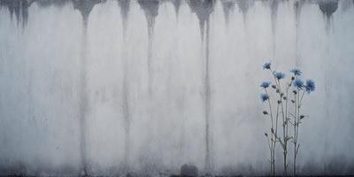 The primary subject of the image is a single blue flower, which is the main focus of the scene. The setting is a white wall, which serves as the backdrop for the flower. The visual style of the image is a painting, with the flower being the main subject and the white wall providing a clean and minimalistic background. The colors in the image are predominantly white and blue, creating a calm and serene atmosphere.
