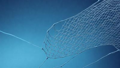 The primary subject of the image is a large, blue mesh net. The net is hanging in the air, and it appears to be made of a material like fishing line or nylon. The setting is a blue sky, which provides a contrasting backdrop for the net. The visual style of the image is a close-up of the net, showcasing its intricate structure and texture. The colors and mood of the image are predominantly blue, giving it a calm and serene atmosphere.